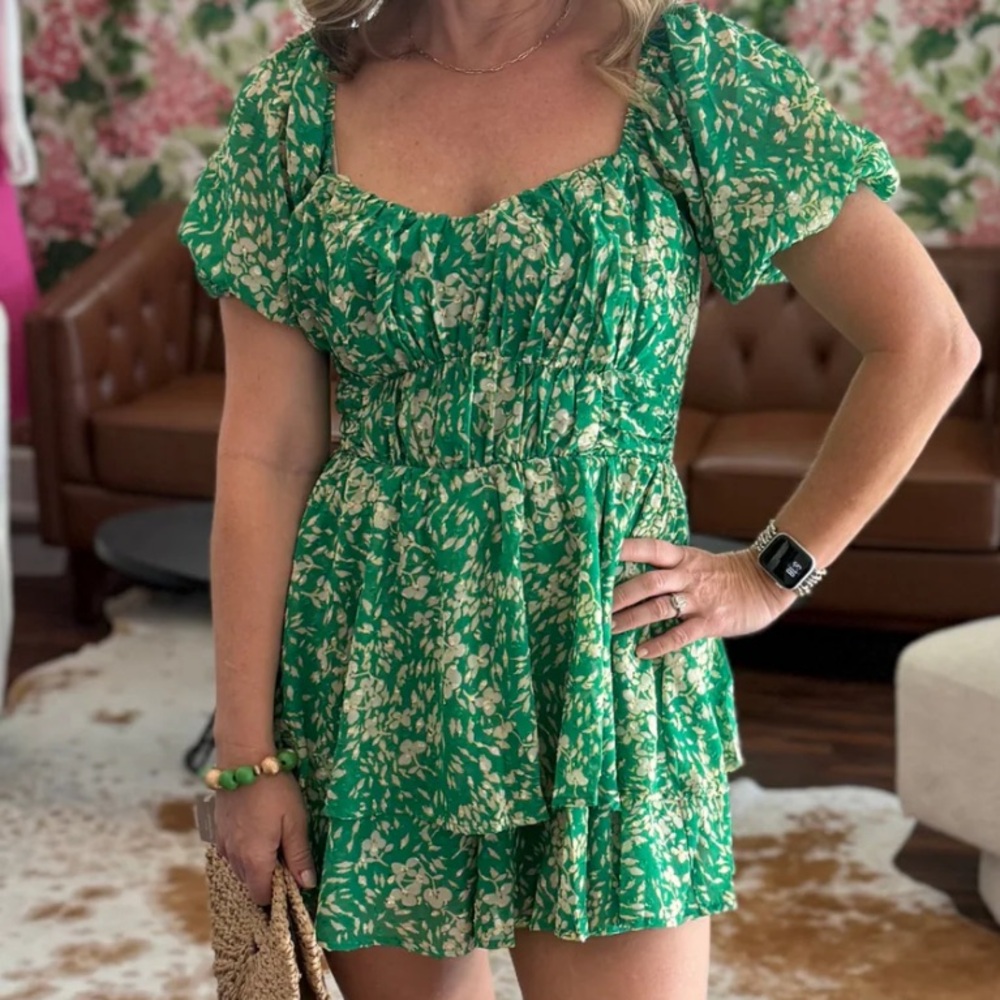 Green Floral Puff Sleeve Romper